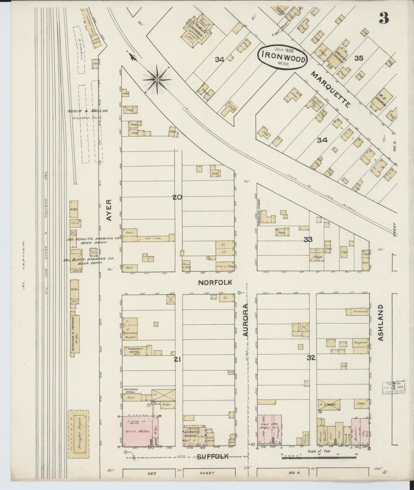 Sanborn Fire Insurance Map from Ironwood, Gogebic County, Michigan (1888), Sheet #0003 - Complete Map Set gallery image, historic Sanborn map, vintage wall art, Michigan Michigan