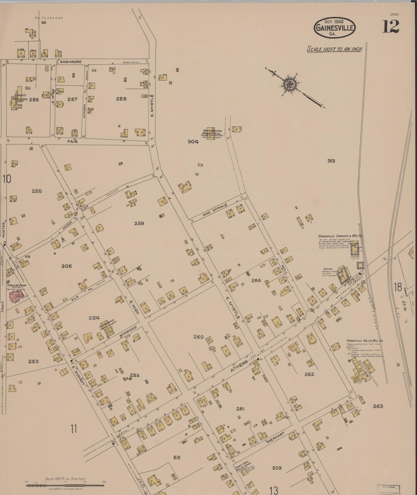 Sanborn Fire Insurance Map from Gainesville, Hall County, Georgia (1922), Sheet #0012 - Complete Map Set gallery image, historic Sanborn map, vintage wall art, Georgia Georgia