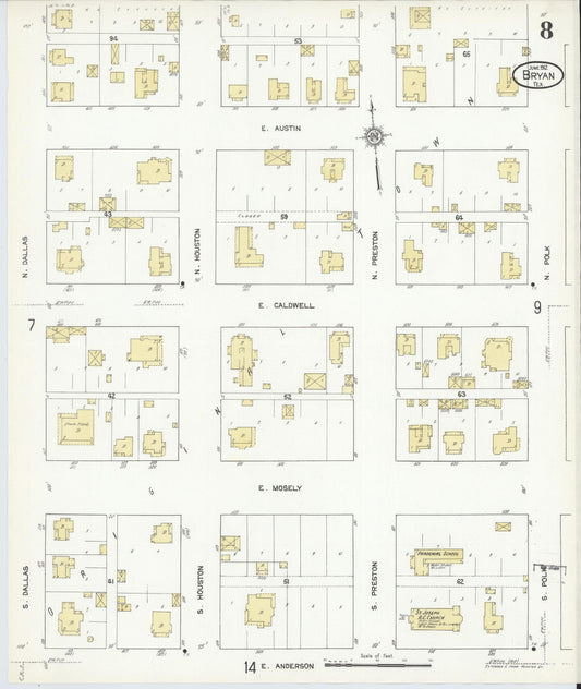 Sanborn Fire Insurance Map from Bryan, Brazos County, Texas (1912), Sheet #0008 - Historic Sanborn Fire Insurance Map Print, vintage old map wall art, antique decor, genealogy gift, Texas Texas map