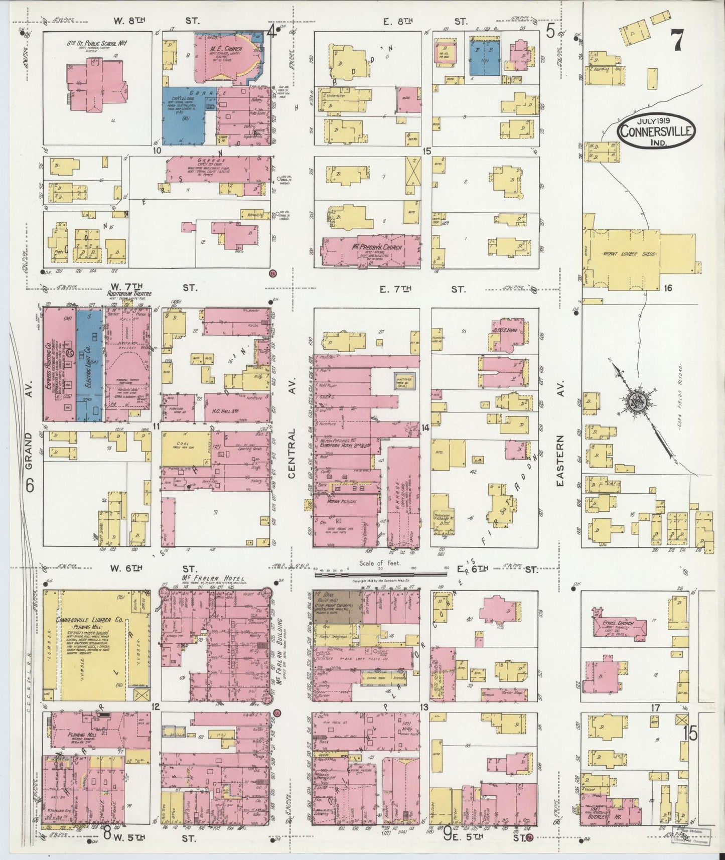 Sanborn Fire Insurance Map from Connersville, Fayette County, Indiana (1919), Sheet #0007 - Complete Map Set gallery image, historic Sanborn map, vintage wall art, Indiana Indiana