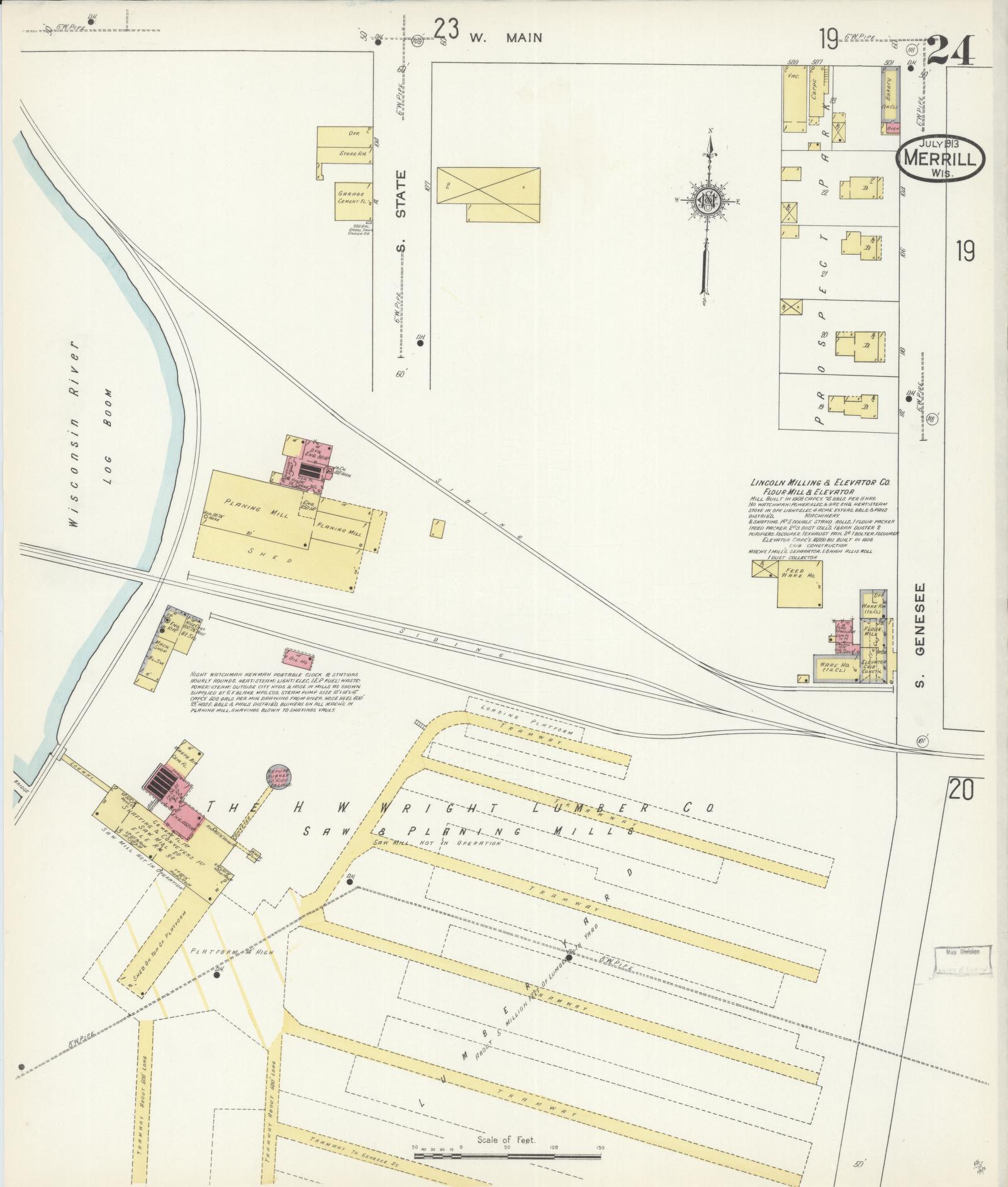 Sanborn Fire Insurance Map from Merrill, Lincoln County, Wisconsin (1913), Sheet #0024 - Historic Sanborn Fire Insurance Map Print, vintage old map wall art, antique decor, genealogy gift, Wisconsin Wisconsin map