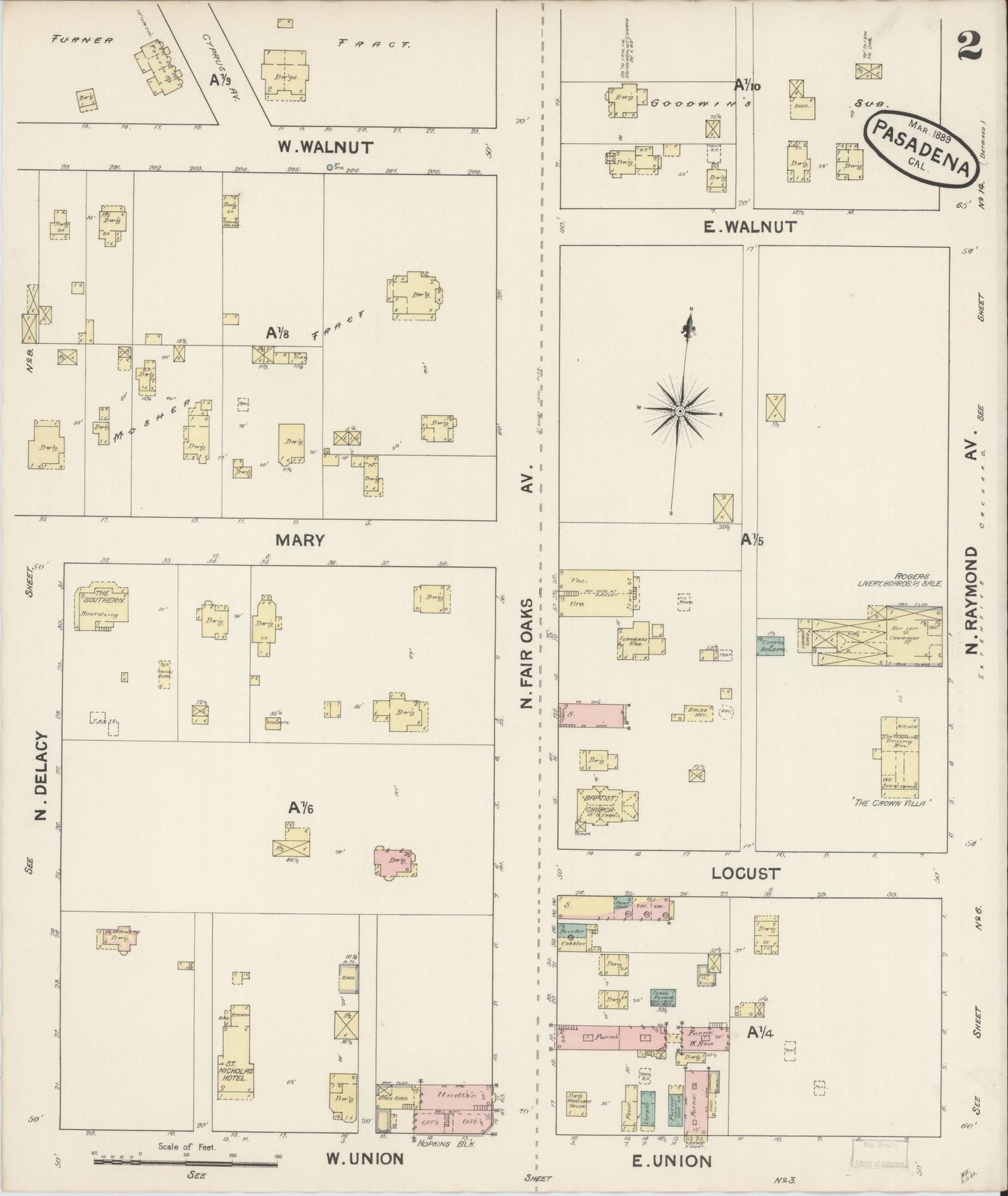 Sanborn Fire Insurance Map from Pasadena, Los Angeles County, California (1889), Sheet #0002 - Complete Map Set gallery image, historic Sanborn map, vintage wall art, California California