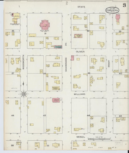 Sanborn Fire Insurance Map from Corunna, Shiawassee County, Michigan (1893), Sheet #0003 - Historic Sanborn Fire Insurance Map Print, vintage old map wall art, antique decor, genealogy gift, Michigan Michigan map