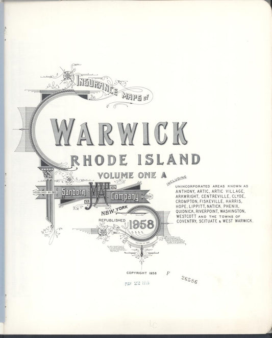 Sanborn Fire Insurance Map from Warwick, Kent County, Rhode Island (1958), Sheet #0001 - Historic Sanborn Fire Insurance Map Print, vintage old map wall art, antique decor, genealogy gift, Washington Washington map