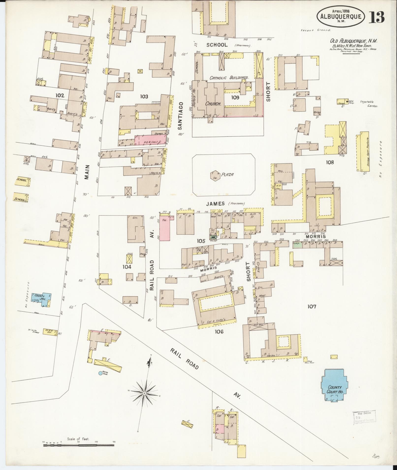 Sanborn Fire Insurance Map from Albuquerque, Bernalillo County, New Mexico (1898), Sheet #0013 - Historic Sanborn Fire Insurance Map Print, vintage old map wall art, antique decor, genealogy gift, New Mexico New Mexico map