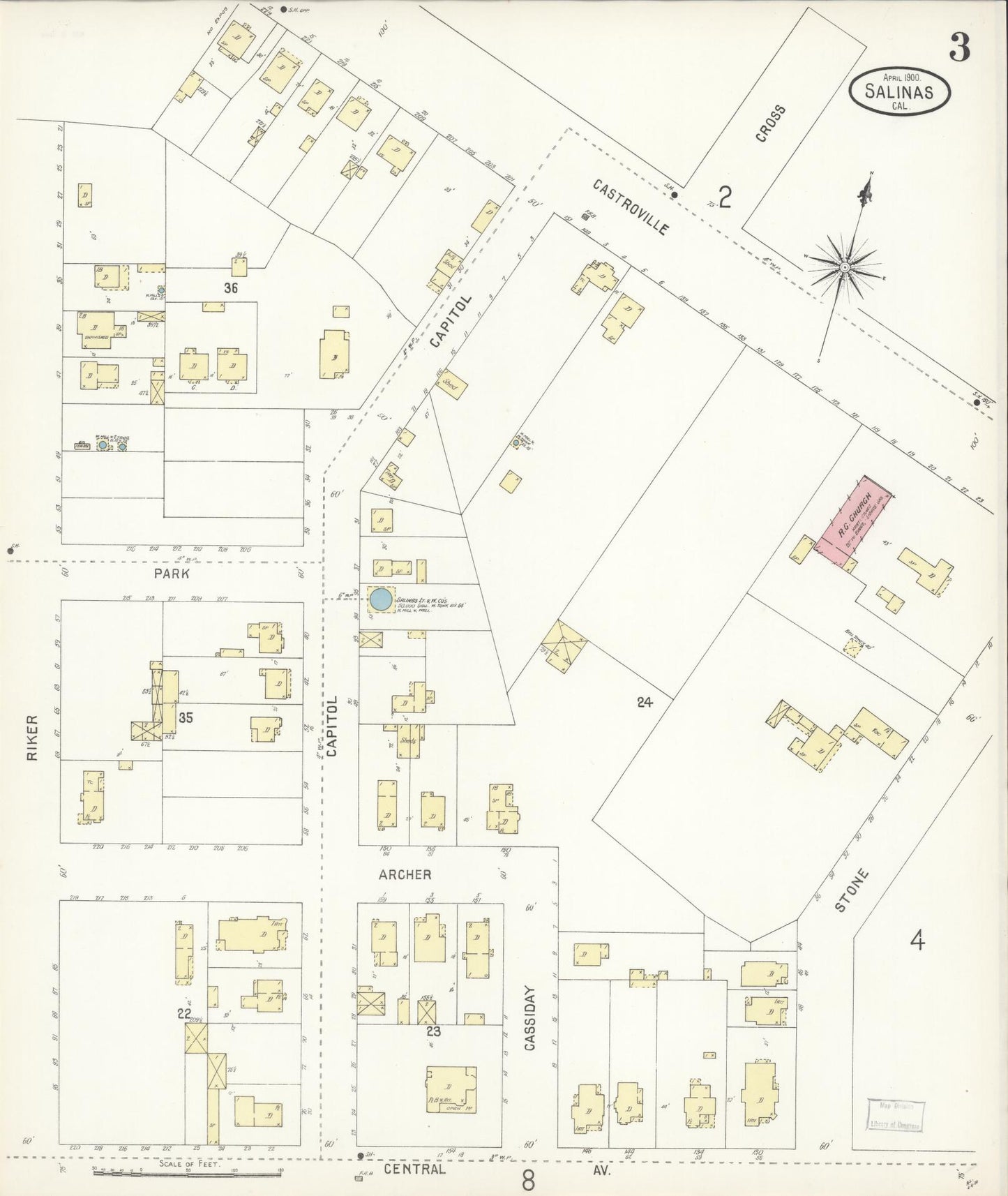 Sanborn Fire Insurance Map from Salinas, Monterey County, California (1900), Sheet #0003 - Complete Map Set gallery image, historic Sanborn map, vintage wall art, California California