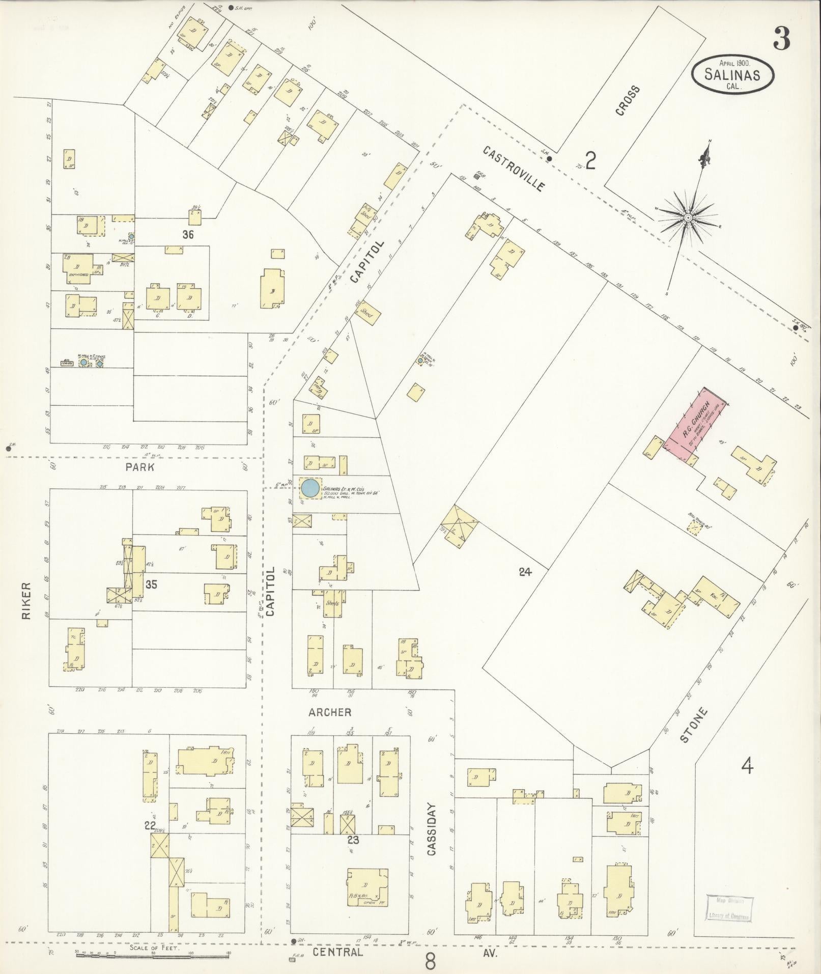 Sanborn Fire Insurance Map from Salinas, Monterey County, California (1900), Sheet #0003 - Complete Map Set gallery image, historic Sanborn map, vintage wall art, California California