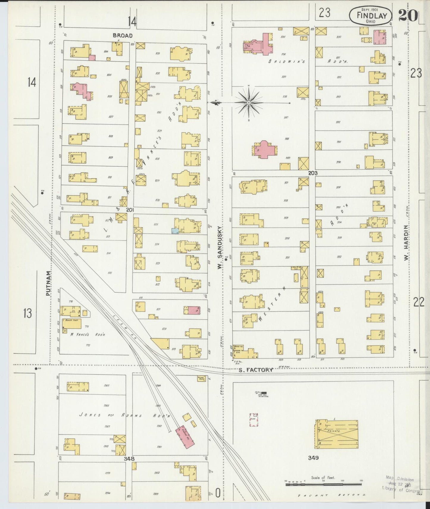 Sanborn Fire Insurance Map from Findlay, Hancock County, Ohio (1901), Sheet #0020 - Historic Sanborn Fire Insurance Map Print, vintage old map wall art, antique decor, genealogy gift, Ohio Ohio map
