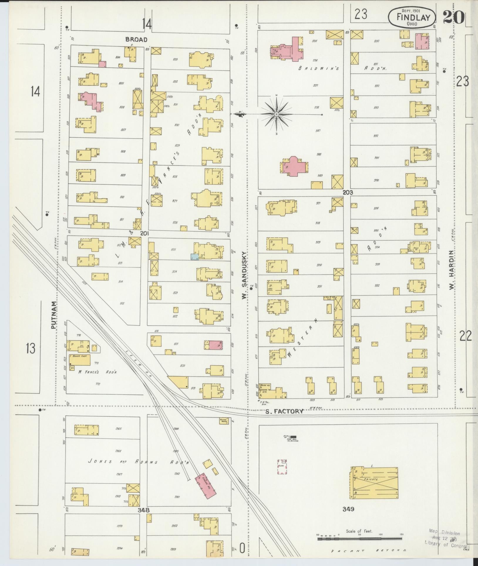 Sanborn Fire Insurance Map from Findlay, Hancock County, Ohio (1901), Sheet #0020 - Historic Sanborn Fire Insurance Map Print, vintage old map wall art, antique decor, genealogy gift, Ohio Ohio map