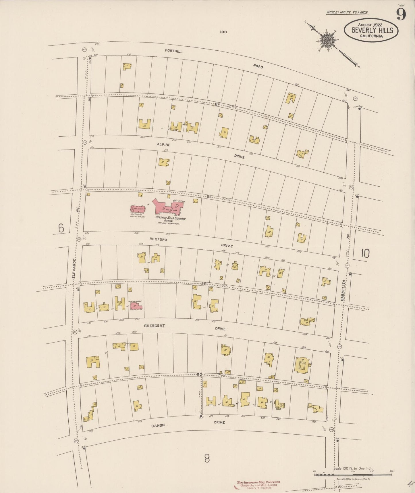 Sanborn Fire Insurance Map from Beverly Hills, Los Angeles County, California (1922), Sheet #0009 - Historic Sanborn Fire Insurance Map Print, vintage old map wall art, antique decor, genealogy gift, California California map