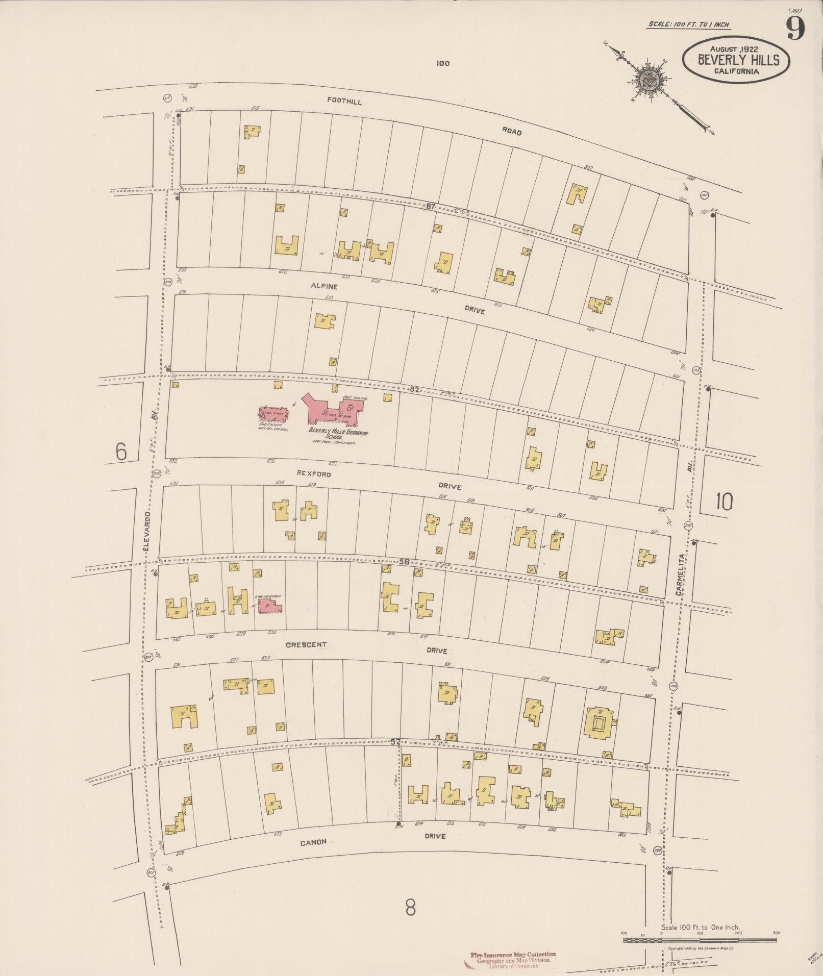 Sanborn Fire Insurance Map from Beverly Hills, Los Angeles County, California (1922), Sheet #0009 - Historic Sanborn Fire Insurance Map Print, vintage old map wall art, antique decor, genealogy gift, California California map