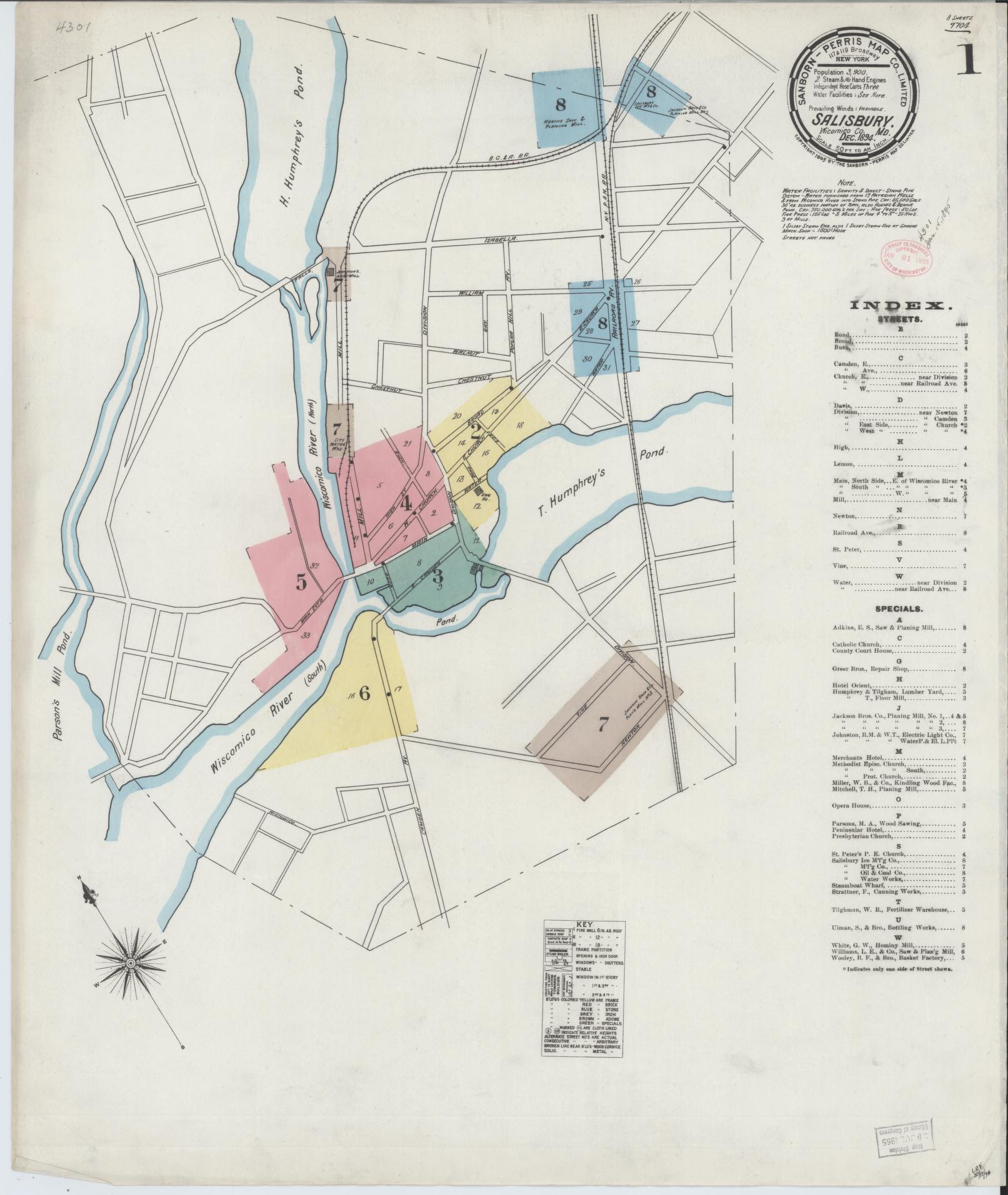 Complete Set - Wicomico, Maryland - 1894 - Sanborn Fire Insurance Map (All Sheets) - Complete Set of 8 Sanborn map sheets