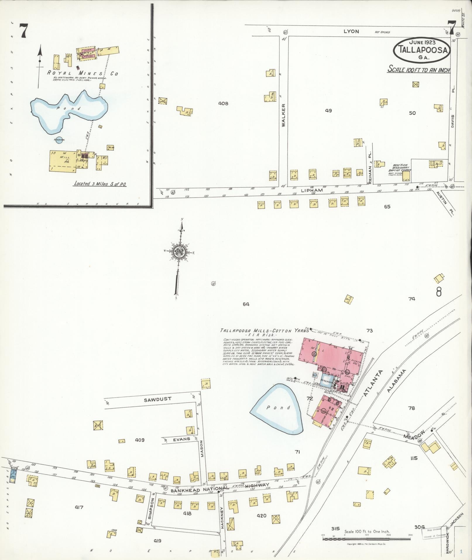 Sanborn Fire Insurance Map from Tallapoosa, Haralson County, Georgia (1923), Sheet #0007 - Historic Sanborn Fire Insurance Map Print, vintage old map wall art, antique decor, genealogy gift, Georgia Georgia map