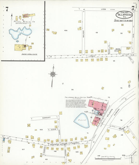 Sanborn Fire Insurance Map from Tallapoosa, Haralson County, Georgia (1923), Sheet #0007 - Historic Sanborn Fire Insurance Map Print, vintage old map wall art, antique decor, genealogy gift, Georgia Georgia map