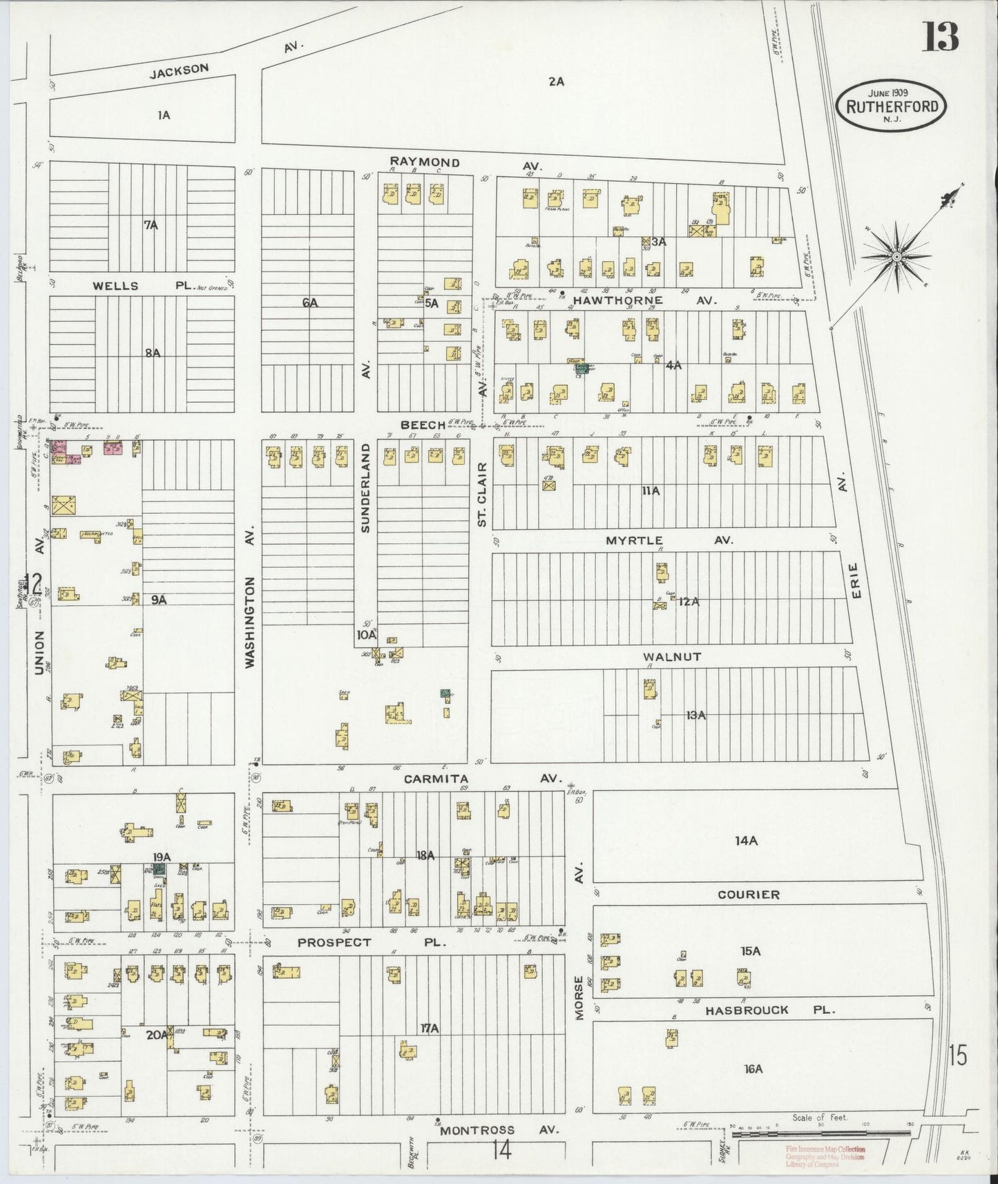 Sanborn Fire Insurance Map from Rutherford, Bergen County, New Jersey (1909), Sheet #0013 - Historic Sanborn Fire Insurance Map Print, vintage old map wall art, antique decor, genealogy gift, New Jersey New Jersey map