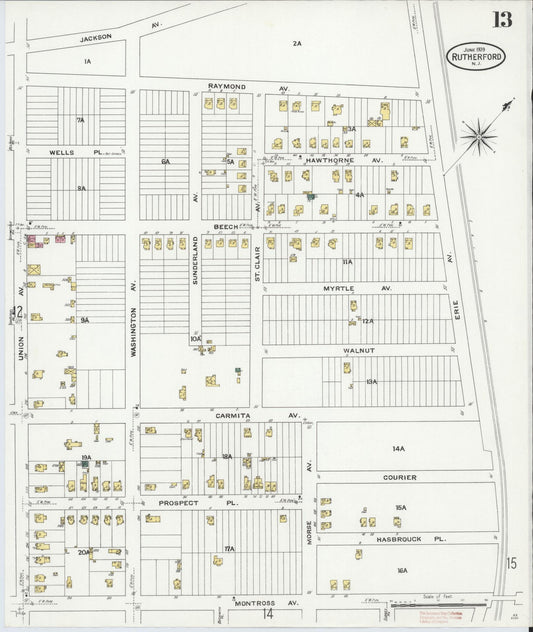 Sanborn Fire Insurance Map from Rutherford, Bergen County, New Jersey (1909), Sheet #0013 - Historic Sanborn Fire Insurance Map Print, vintage old map wall art, antique decor, genealogy gift, New Jersey New Jersey map