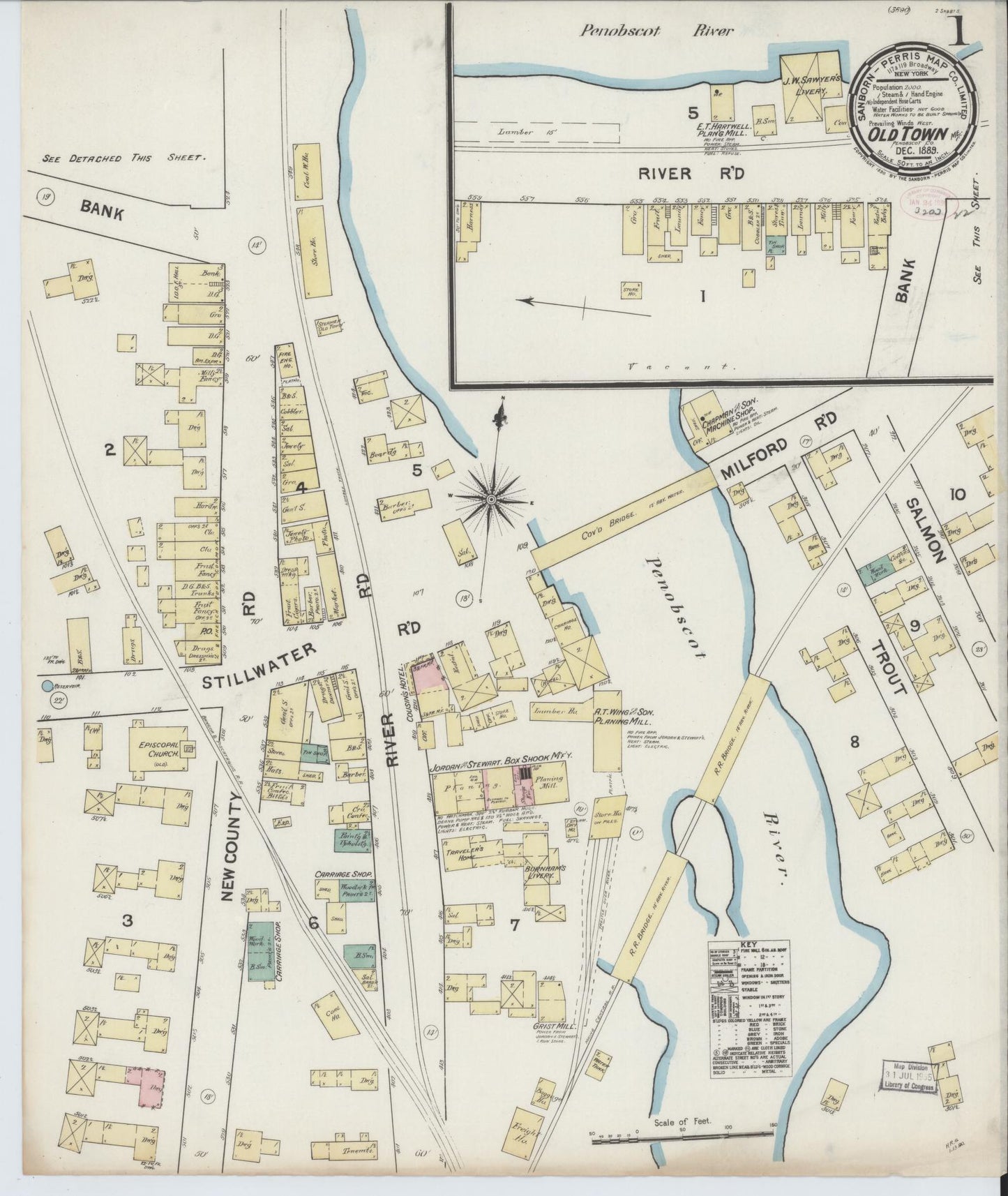 Sanborn Fire Insurance Map from Old Town, Penobscot County, Maine (1889), Sheet #0001 - Historic Sanborn Fire Insurance Map Print, vintage old map wall art, antique decor, genealogy gift, Maine Maine map