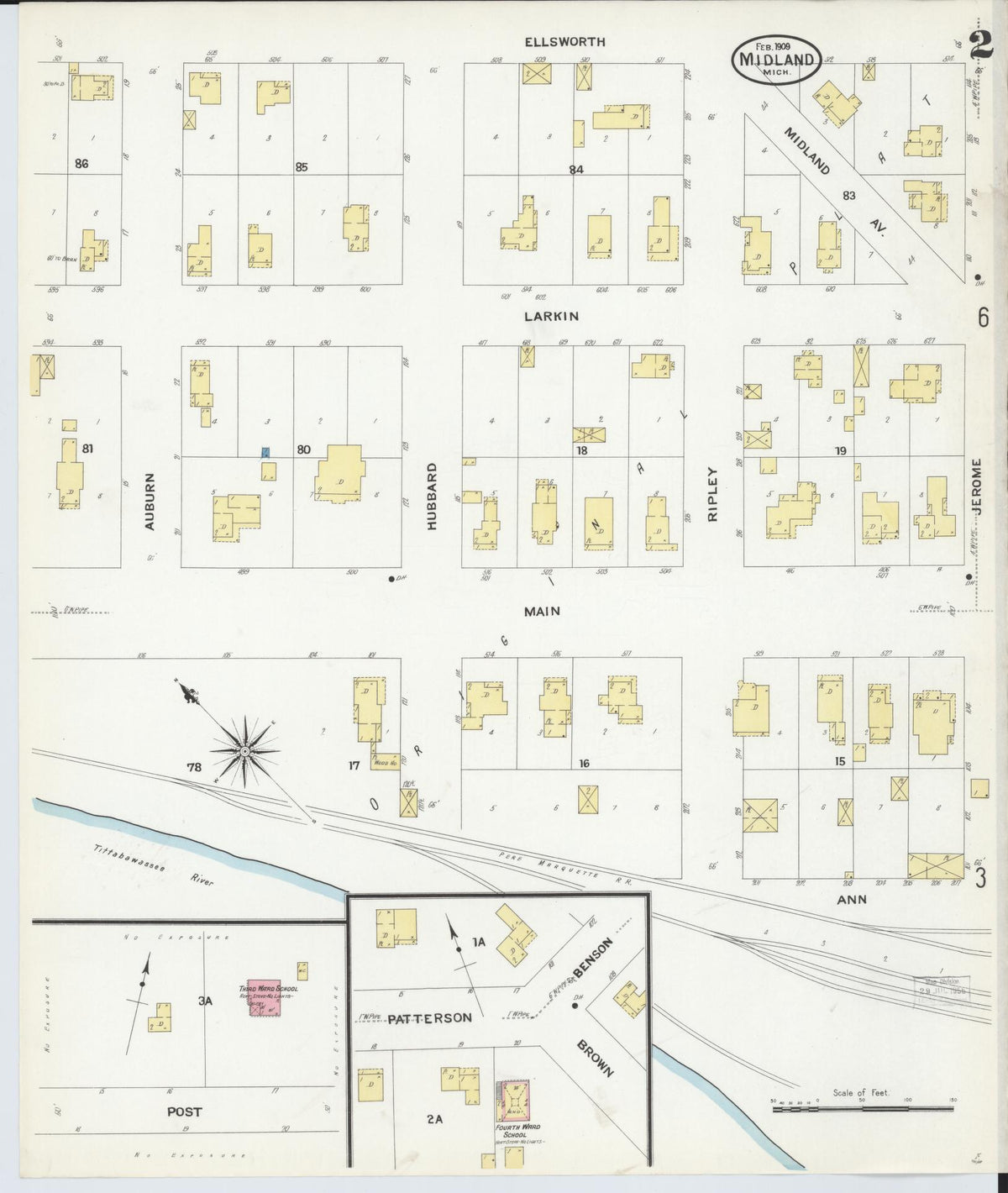 Sanborn Fire Insurance Map from Midland, Midland County, Michigan (1909), Sheet #0002 - Historic Sanborn Fire Insurance Map Print, vintage old map wall art, antique decor, genealogy gift, Michigan Michigan map
