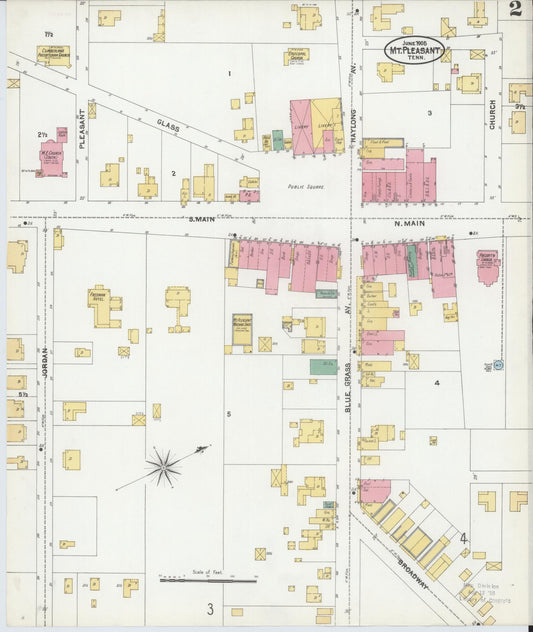 Sanborn Fire Insurance Map from Mount Pleasant, Maury County, Tennessee (1905), Sheet #0002 - Historic Sanborn Fire Insurance Map Print, vintage old map wall art, antique decor, genealogy gift, Tennessee Tennessee map