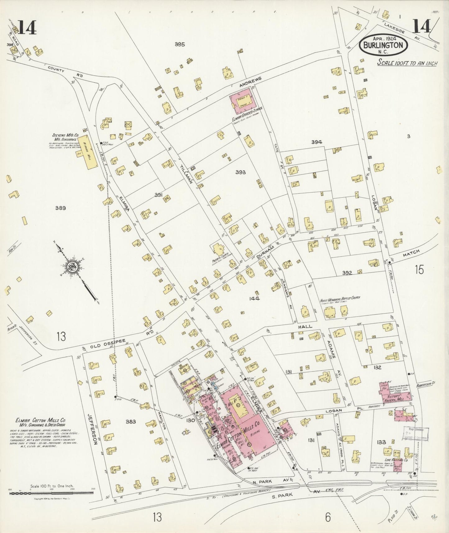 Sanborn Fire Insurance Map from Burlington, Alamance County, North Carolina (1924), Sheet #0014 - Complete Map Set gallery image, historic Sanborn map, vintage wall art, North Carolina North Carolina