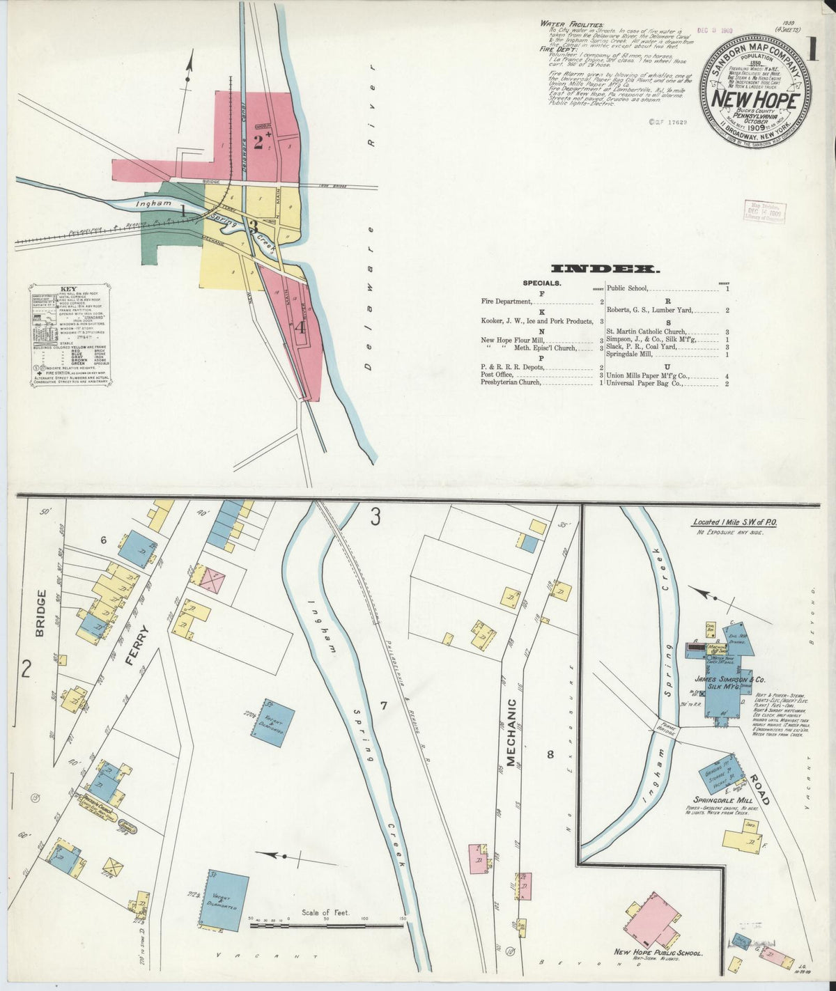 Sanborn Fire Insurance Map from New Hope, Bucks County, Pennsylvania (1909), Sheet #0001 - Historic Sanborn Fire Insurance Map Print, vintage old map wall art, antique decor, genealogy gift, Pennsylvania Pennsylvania map