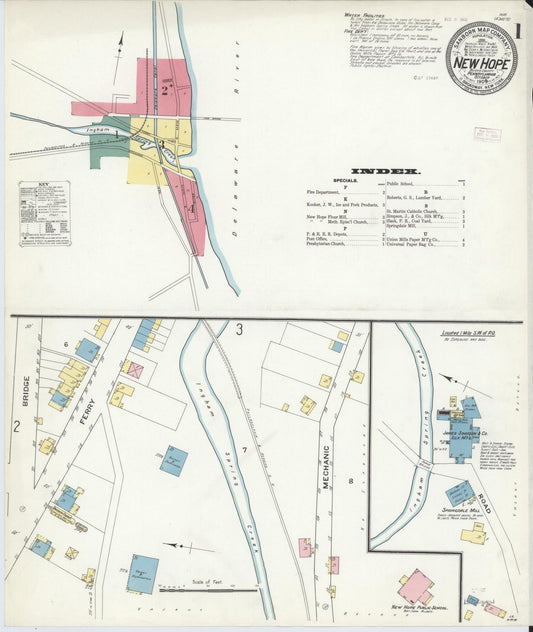 Sanborn Fire Insurance Map from New Hope, Bucks County, Pennsylvania (1909), Sheet #0001 - Historic Sanborn Fire Insurance Map Print, vintage old map wall art, antique decor, genealogy gift, Pennsylvania Pennsylvania map