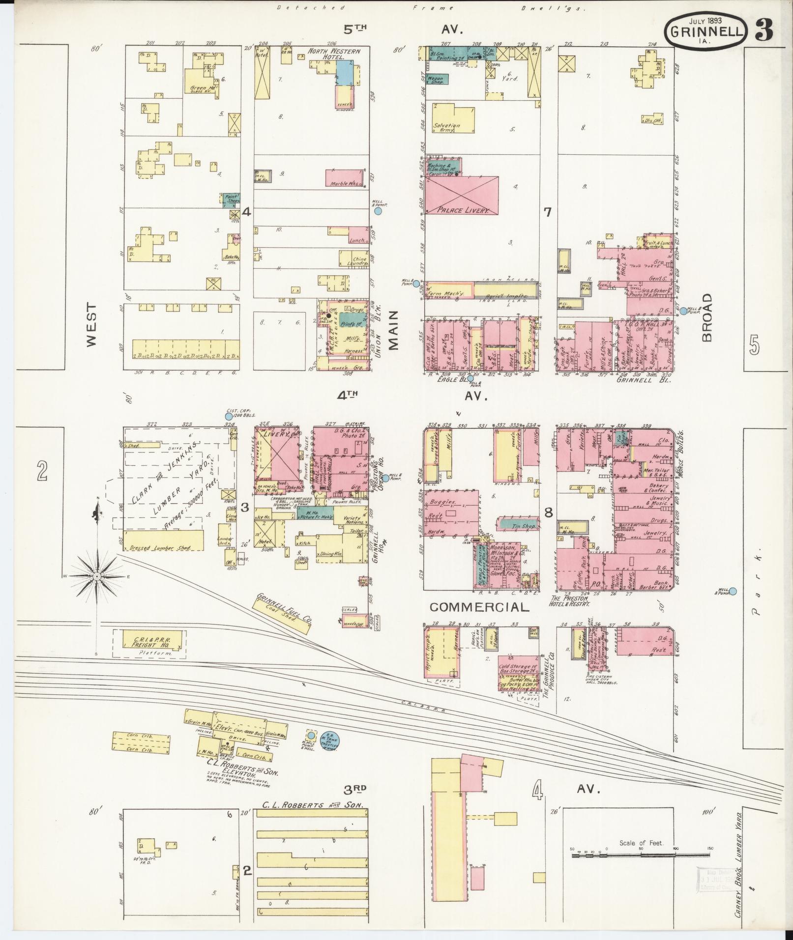 Sanborn Fire Insurance Map from Grinnell, Poweshiek County, Iowa (1893), Sheet #0003 - Historic Sanborn Fire Insurance Map Print, vintage old map wall art