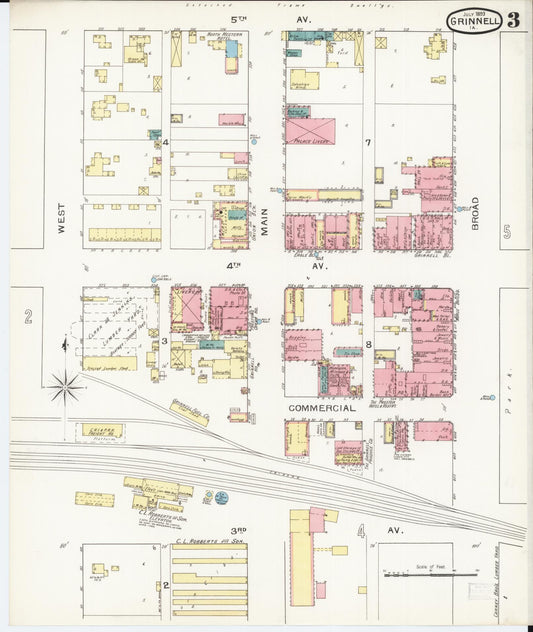 Sanborn Fire Insurance Map from Grinnell, Poweshiek County, Iowa (1893), Sheet #0003 - Historic Sanborn Fire Insurance Map Print, vintage old map wall art