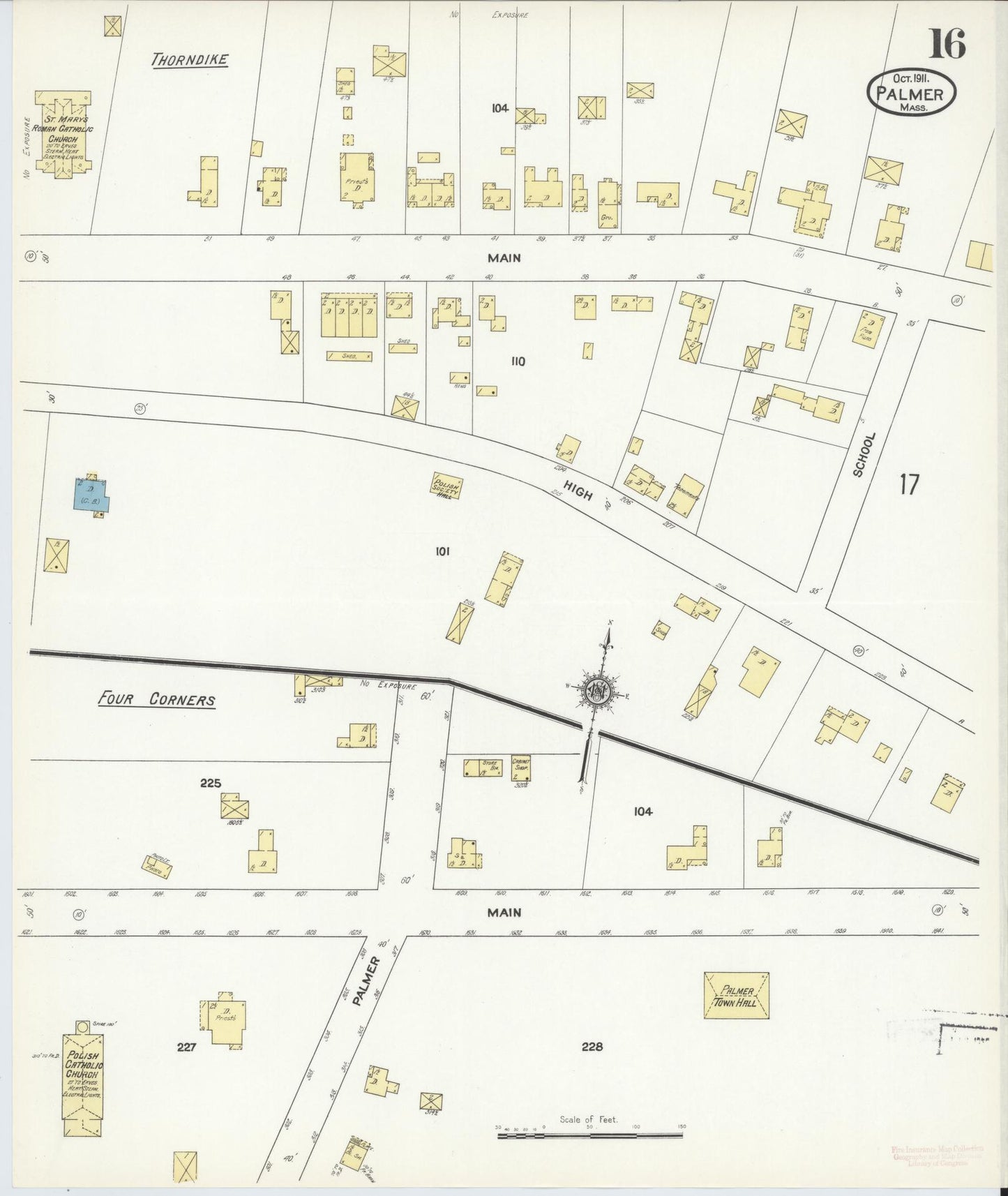 Sanborn Fire Insurance Map from Palmer, Hampden County, Massachusetts (1911), Sheet #0016 - Historic Sanborn Fire Insurance Map Print, vintage old map wall art, antique decor, genealogy gift, Massachusetts Massachusetts map