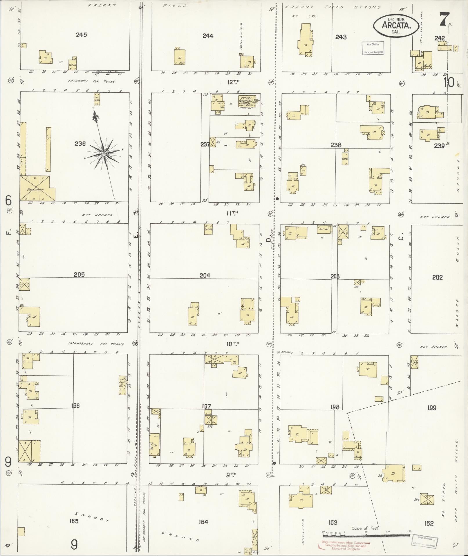 Sanborn Fire Insurance Map from Arcata, Humboldt County, California (1908), Sheet #0007 - Historic Sanborn Fire Insurance Map Print, vintage old map wall art, antique decor, genealogy gift, California California map