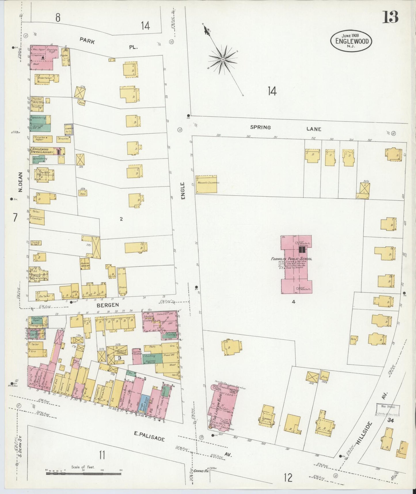 Sanborn Fire Insurance Map from Englewood, Bergen County, New Jersey (1908), Sheet #0013 - Complete Map Set gallery image, historic Sanborn map, vintage wall art, New Jersey New Jersey