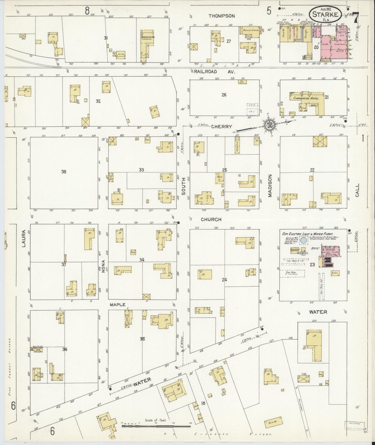 Sanborn Fire Insurance Map from Starke, Bradford County, Florida (1912), Sheet #0007 - Complete Map Set gallery image, historic Sanborn map, vintage wall art, Florida Florida