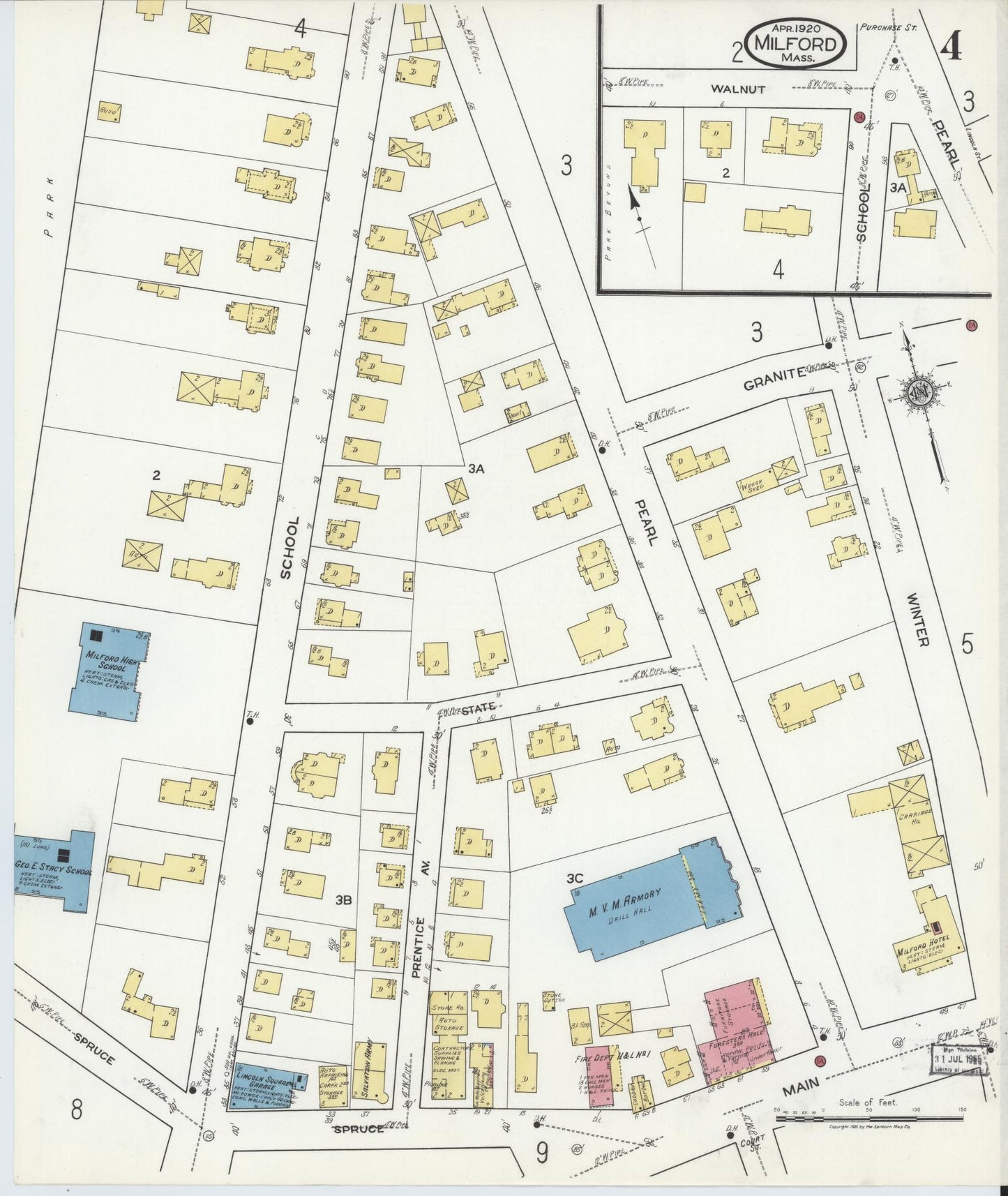 Sanborn Fire Insurance Map from Milford, Worcester County, Massachusetts (1920), Sheet #0004 - Historic Sanborn Fire Insurance Map Print, vintage old map wall art, antique decor, genealogy gift, Massachusetts Massachusetts map