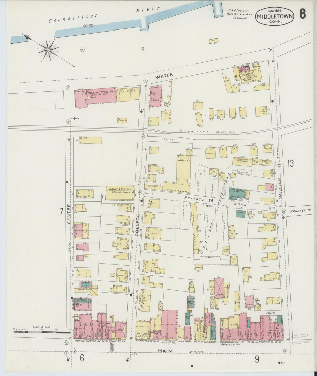 Sanborn Fire Insurance Map from Middletown, Middlesex County, Connecticut (1895), Sheet #0008 - Historic Sanborn Fire Insurance Map Print, vintage old map wall art, antique decor, genealogy gift, Connecticut Connecticut map