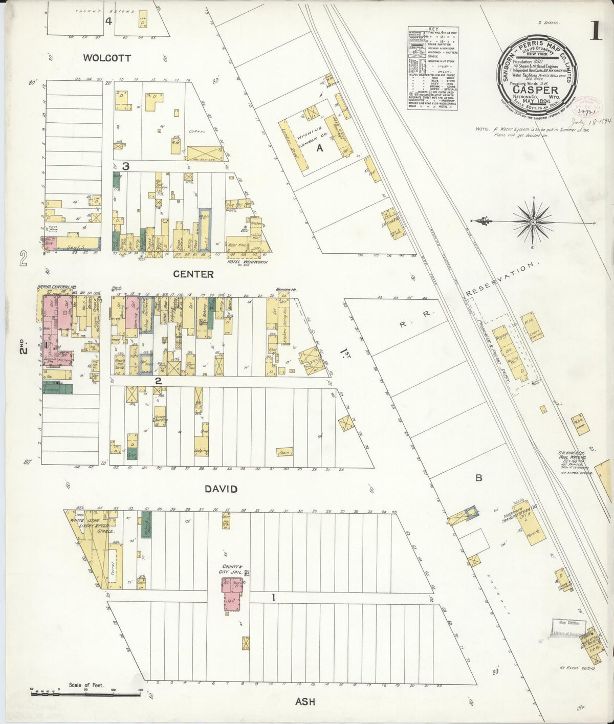 Sanborn Fire Insurance Map from Casper, Natrona County, Wyoming (1894), Sheet #0001 - Complete Map Set gallery image, historic Sanborn map, vintage wall art, Wyoming Wyoming