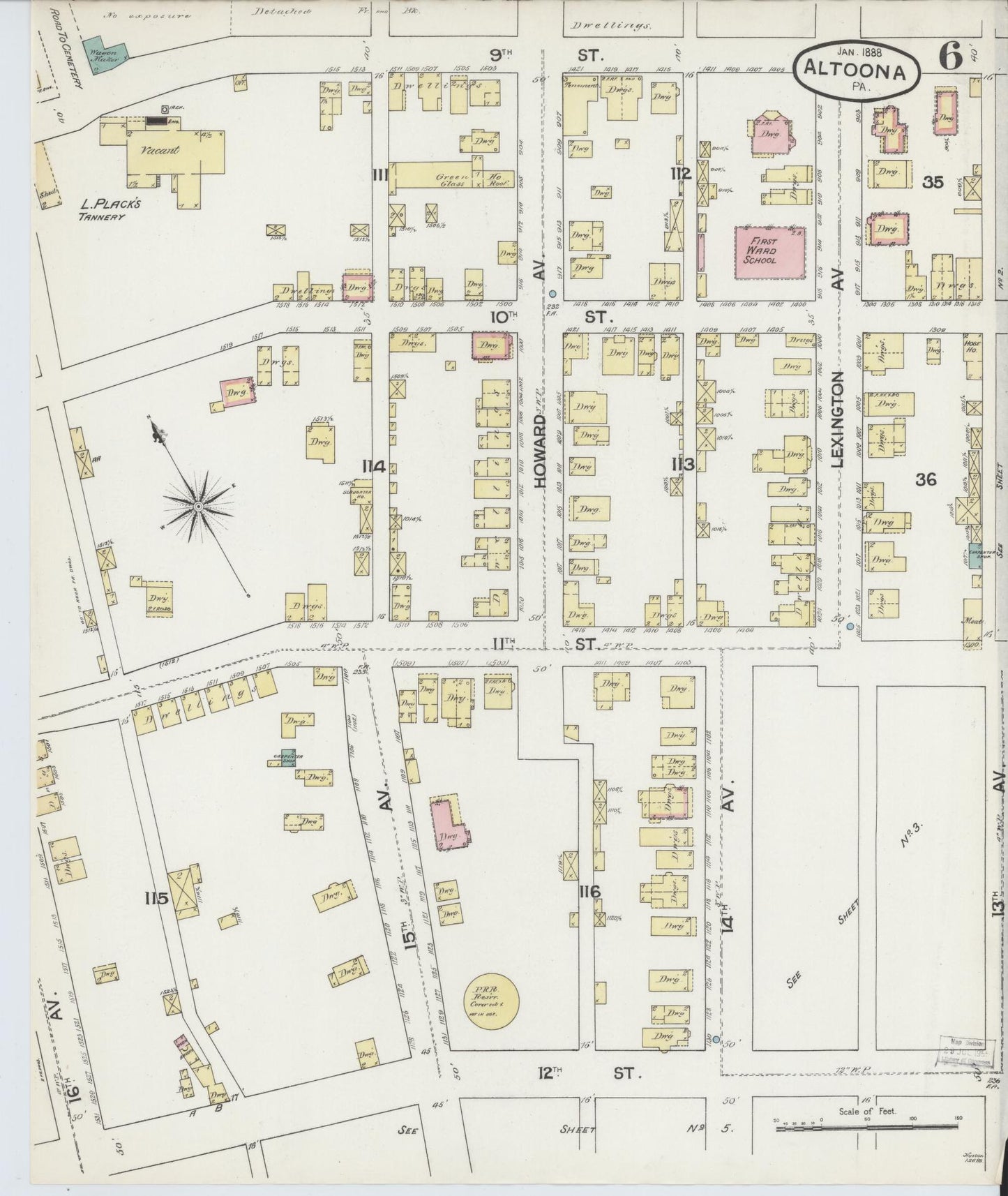 Sanborn Fire Insurance Map from Altoona, Blair County, Pennsylvania (1888), Sheet #0006 - Historic Sanborn Fire Insurance Map Print, vintage old map wall art, antique decor, genealogy gift, Pennsylvania Pennsylvania map