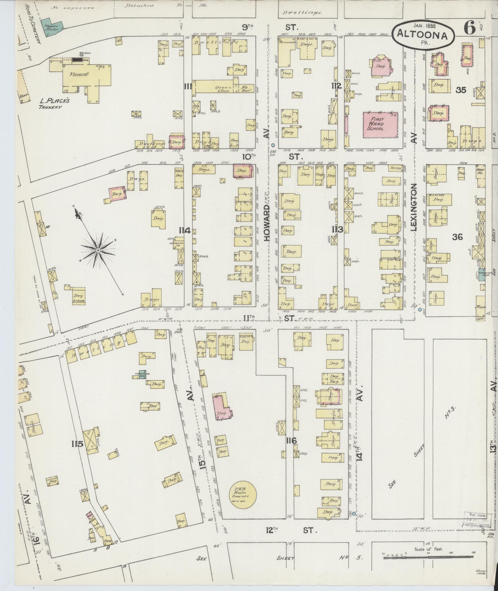 Sanborn Fire Insurance Map from Altoona, Blair County, Pennsylvania (1888), Sheet #0006 - Historic Sanborn Fire Insurance Map Print, vintage old map wall art, antique decor, genealogy gift, Pennsylvania Pennsylvania map