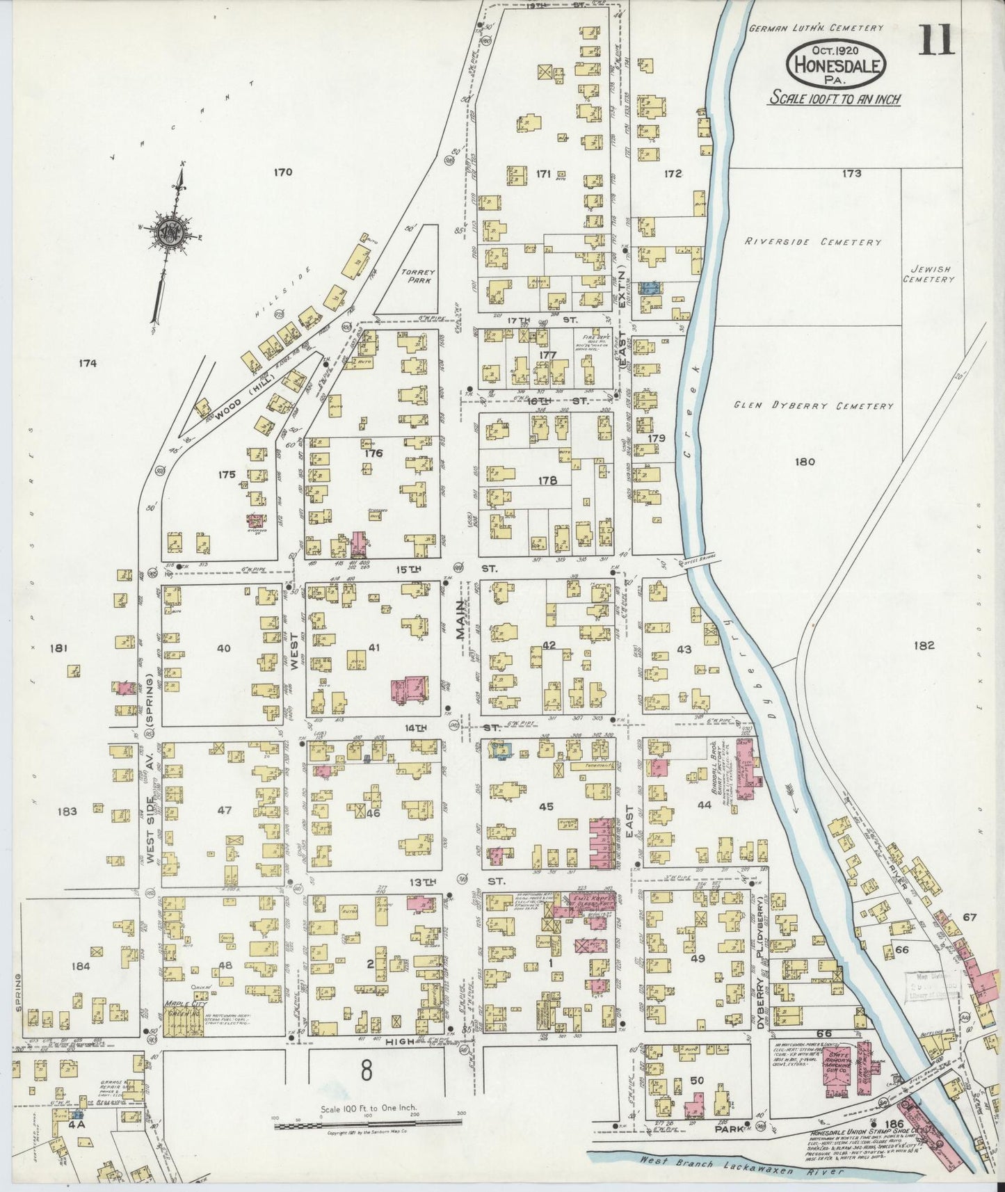 Sanborn Fire Insurance Map from Honesdale, Wayne County, Pennsylvania (1920), Sheet #0011 - Complete Map Set gallery image, historic Sanborn map, vintage wall art, Pennsylvania Pennsylvania