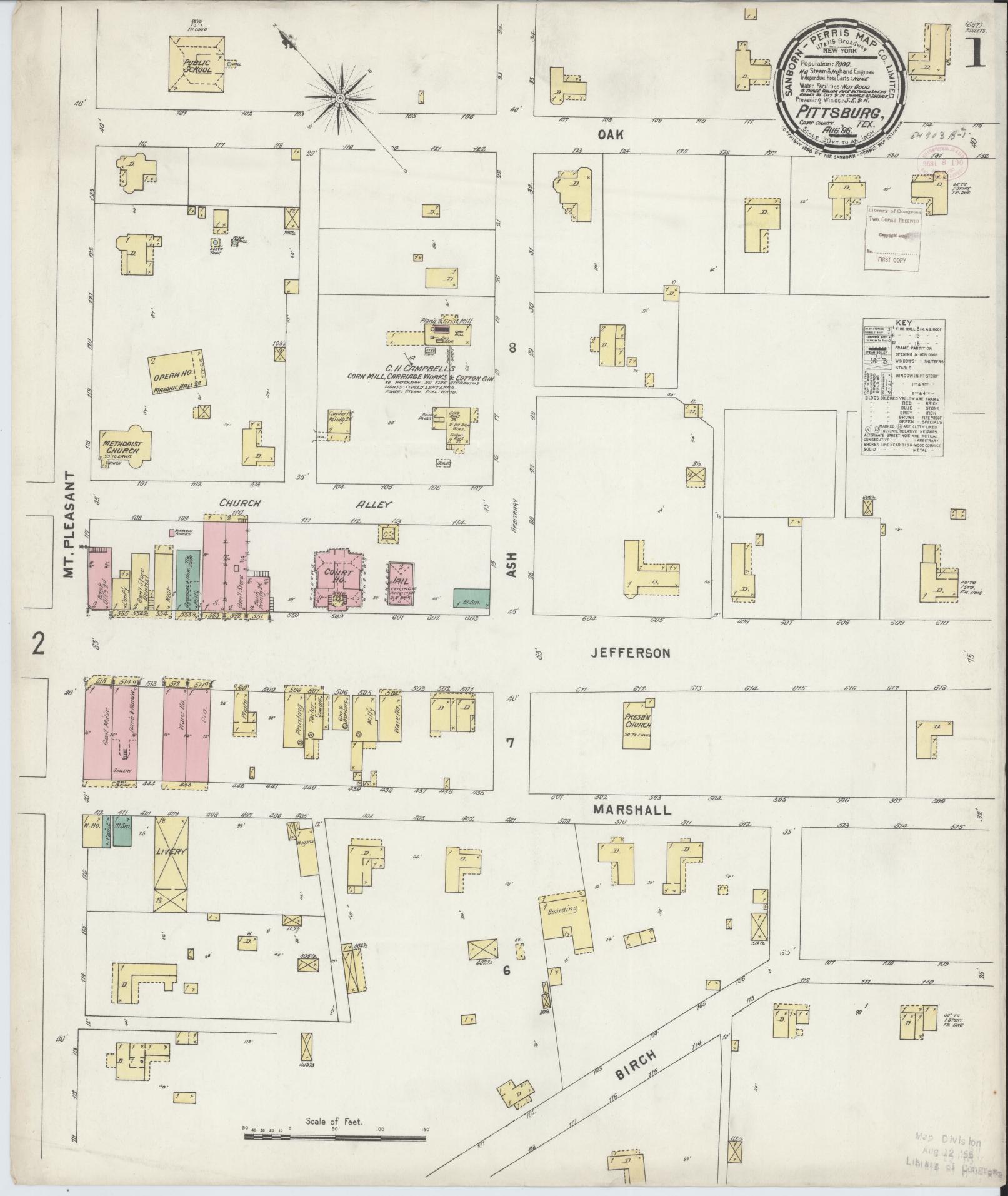 Sanborn Fire Insurance Map from Pittsburg, Camp County, Texas (1896), Sheet #0001 - Complete Map Set gallery image, historic Sanborn map, vintage wall art, Texas Texas