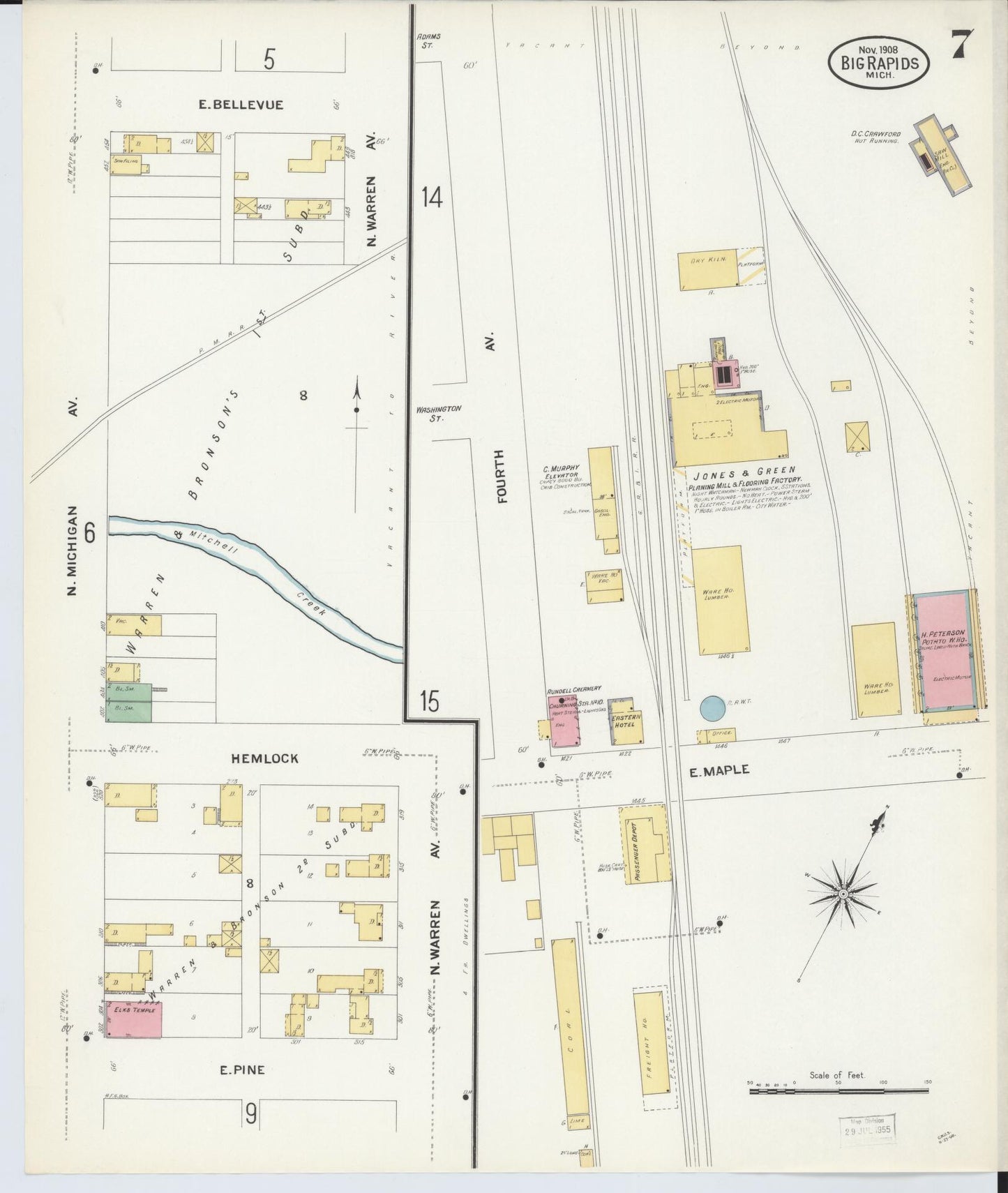 Sanborn Fire Insurance Map from Big Rapids, Mecosta County, Michigan (1908), Sheet #0007 - Complete Map Set gallery image, historic Sanborn map, vintage wall art, Michigan Michigan