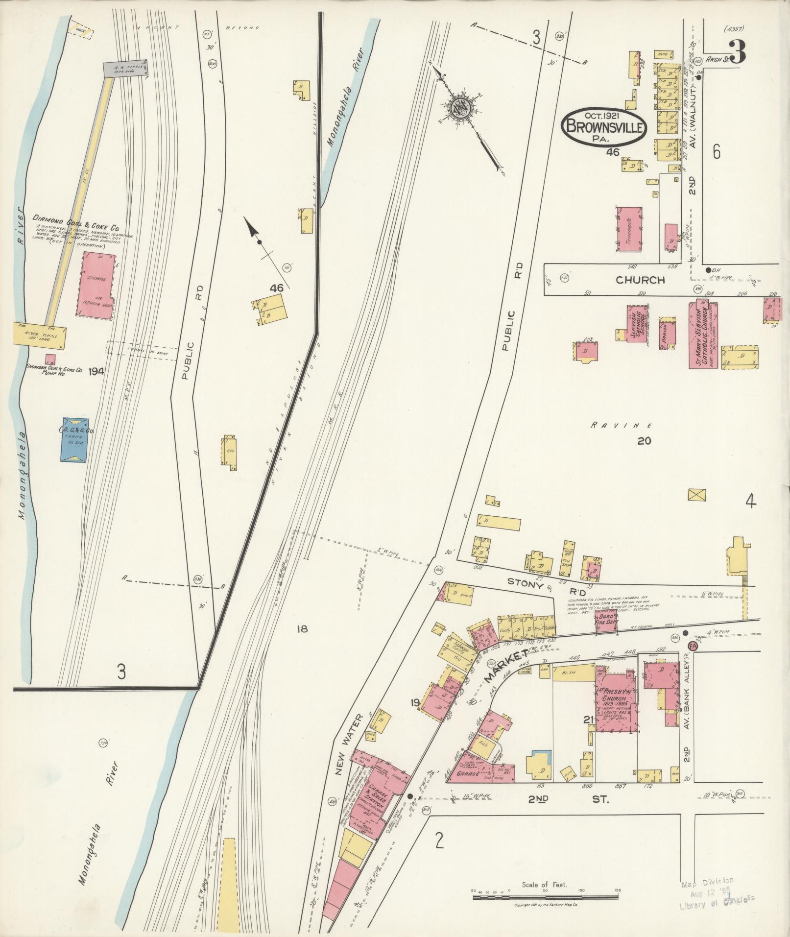 Sanborn Fire Insurance Map from Brownsville, Fayette County, Pennsylvania (1921), Sheet #0003 - Historic Sanborn Fire Insurance Map Print, vintage old map wall art, antique decor, genealogy gift, Pennsylvania Pennsylvania map