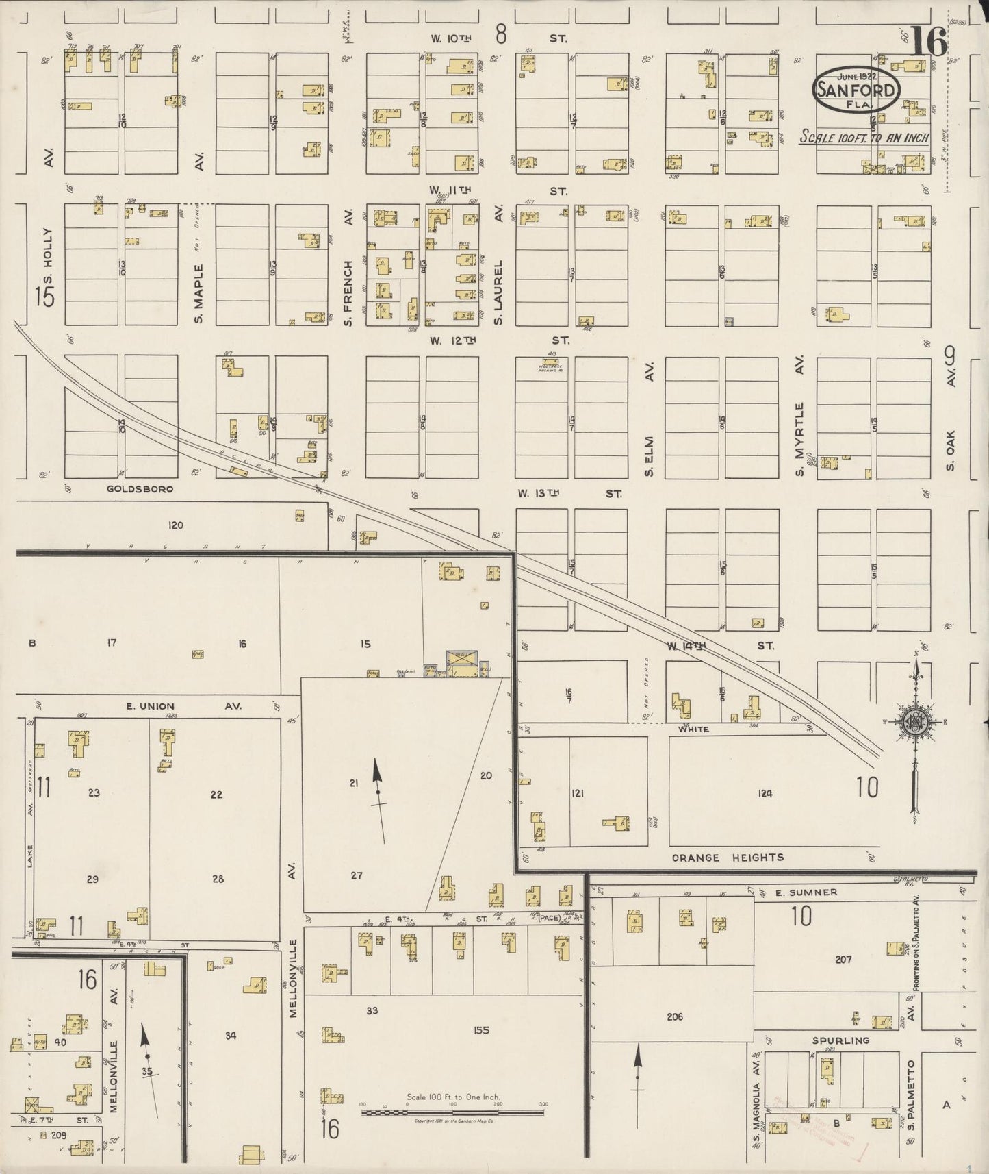 Sanborn Fire Insurance Map from Sanford, Seminole County, Florida (1922), Sheet #0016 - Complete Map Set gallery image, historic Sanborn map, vintage wall art, Florida Florida