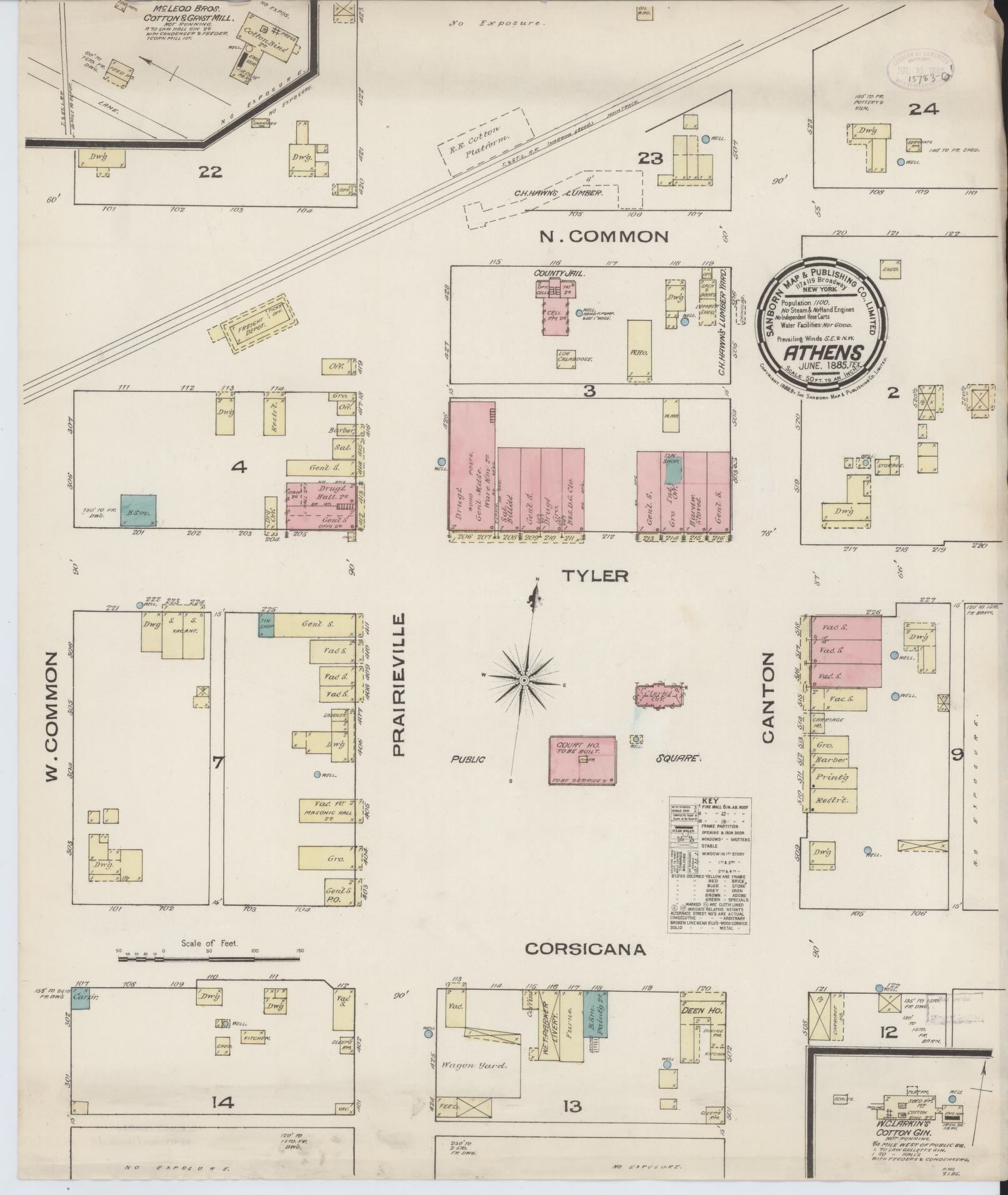 Sanborn Fire Insurance Map from Athens, Henderson County, Texas (1885), Sheet #0001 - Historic Sanborn Fire Insurance Map Print, vintage old map wall art, antique decor, genealogy gift, Texas Texas map