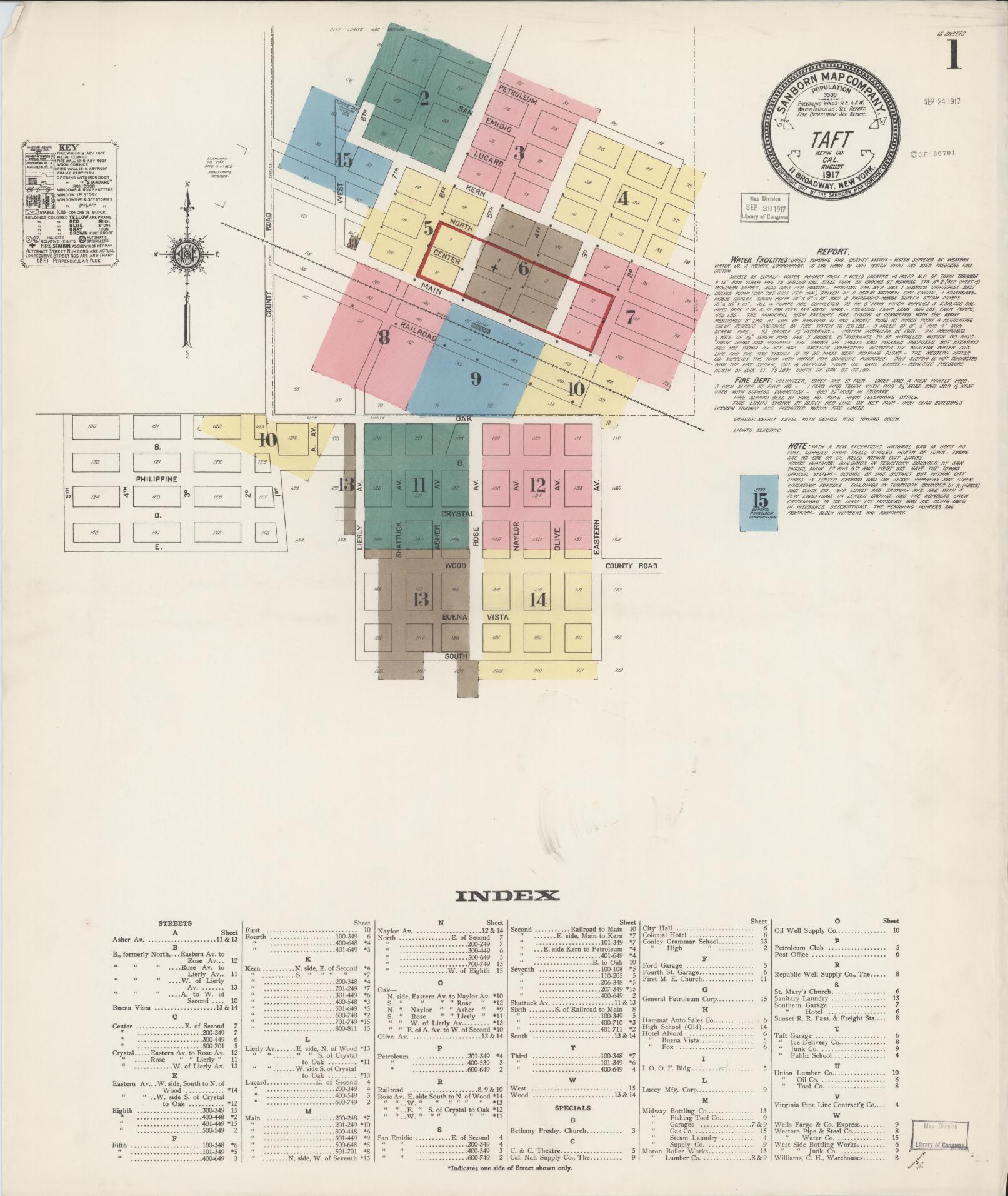 Sanborn Fire Insurance Map from Taft, Kern County, California (1917), Sheet #0001 - Complete Map Set gallery image, historic Sanborn map, vintage wall art, California California