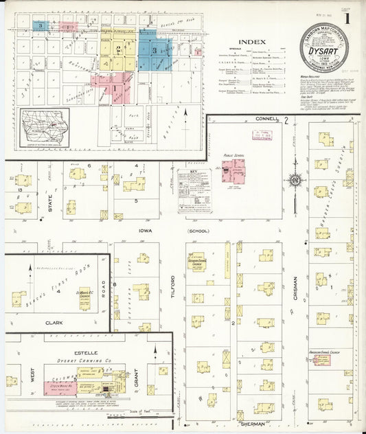 Sanborn Fire Insurance Map from Dysart, Tama County, Iowa (1913), Sheet #0001 - Historic Sanborn Fire Insurance Map Print, vintage old map wall art