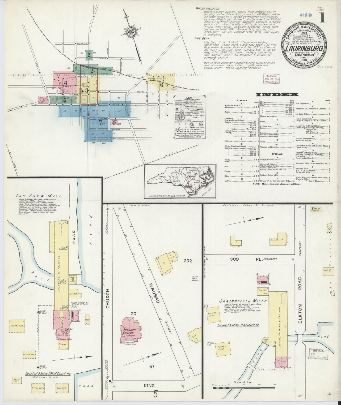 Sanborn Fire Insurance Map from Laurinburg, Scotland County, North Carolina (1914), Sheet #0001 - Historic Sanborn Fire Insurance Map Print, vintage old map wall art, antique decor, genealogy gift, North Carolina North Carolina map