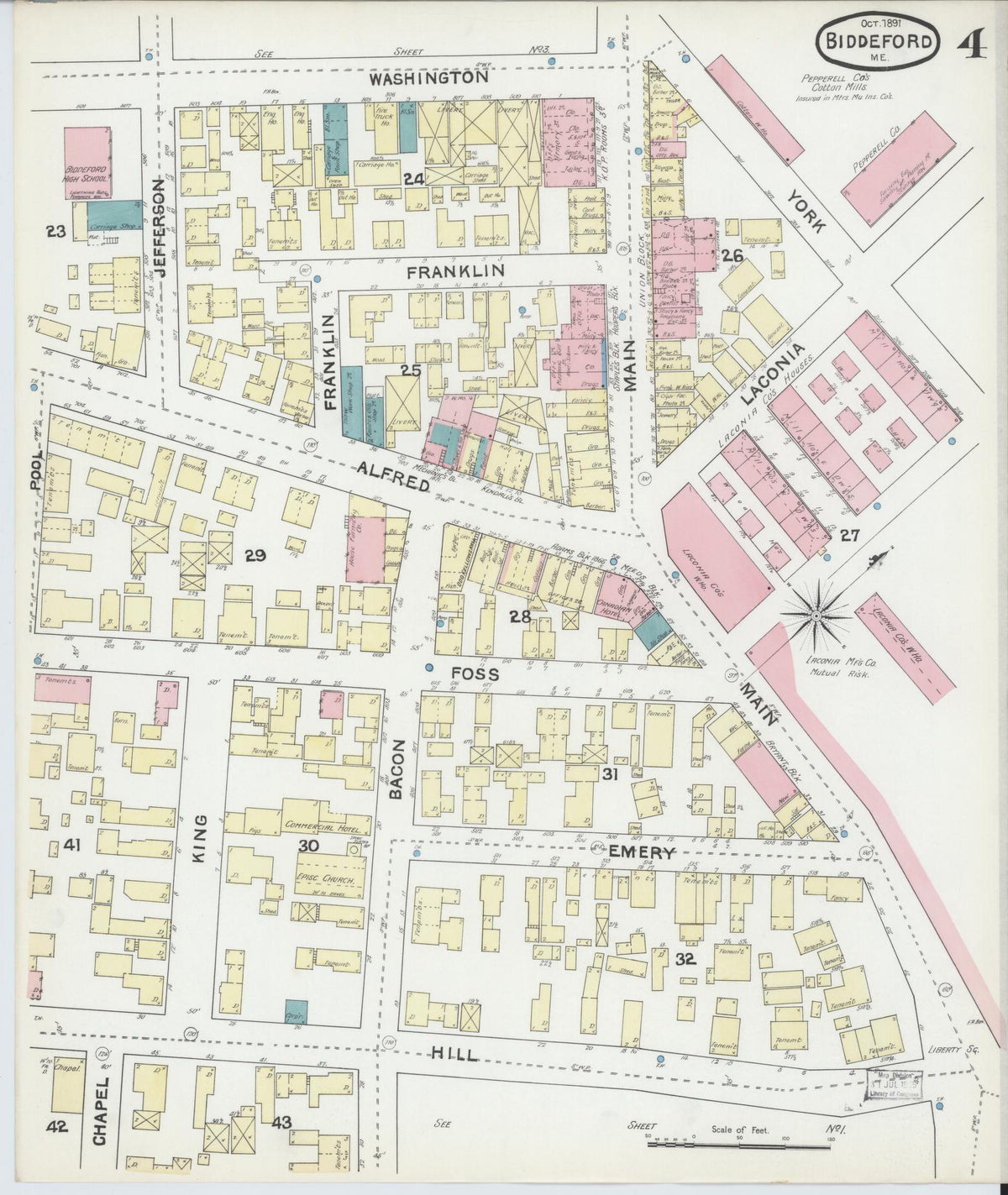 Sanborn Fire Insurance Map from Biddeford, York County, Maine (1891), Sheet #0004 - Complete Map Set gallery image, historic Sanborn map, vintage wall art, Maine Maine