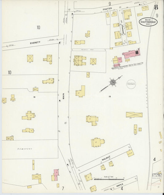 Sanborn Fire Insurance Map from Southbridge, Worcester County, Massachusetts (1911), Sheet #0008 - Historic Sanborn Fire Insurance Map Print, vintage old map wall art, antique decor, genealogy gift, Massachusetts Massachusetts map