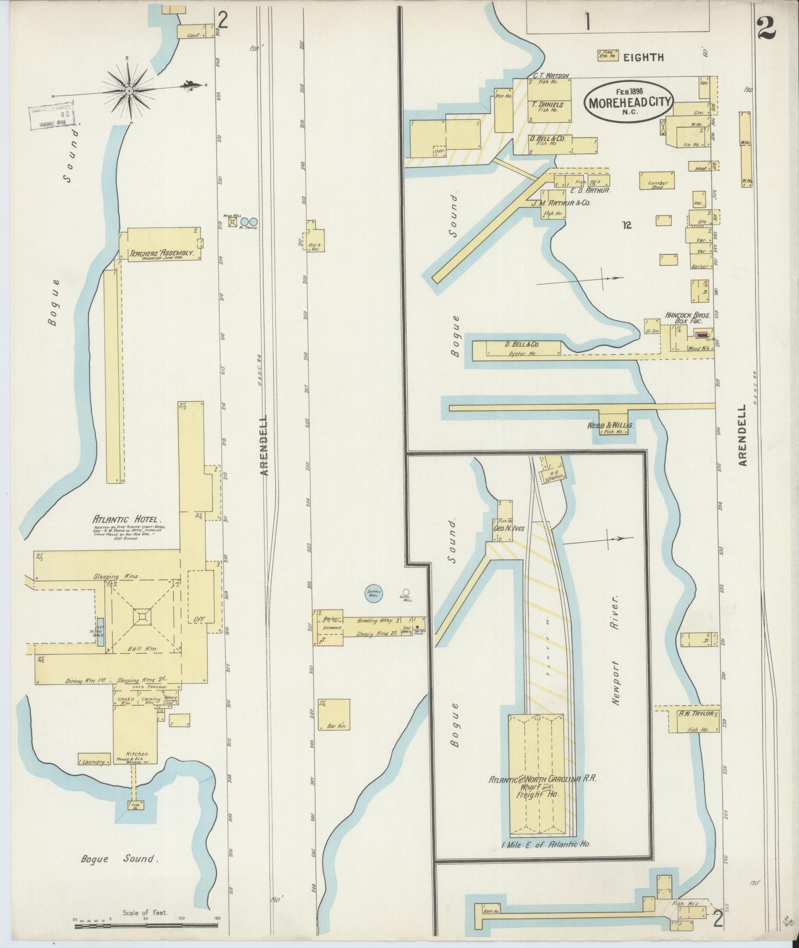 Sanborn Fire Insurance Map from Morehead City, Carteret County, North Carolina (1898), Sheet #0002 - Historic Sanborn Fire Insurance Map Print, vintage old map wall art, antique decor, genealogy gift, North Carolina North Carolina map