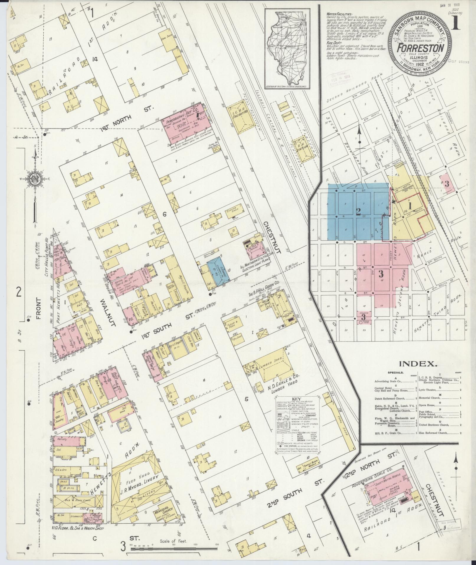 Sanborn Fire Insurance Map from Forreston, Ogle County, Illinois (1912), Sheet #0001 - Complete Map Set gallery image, historic Sanborn map, vintage wall art, Illinois Illinois